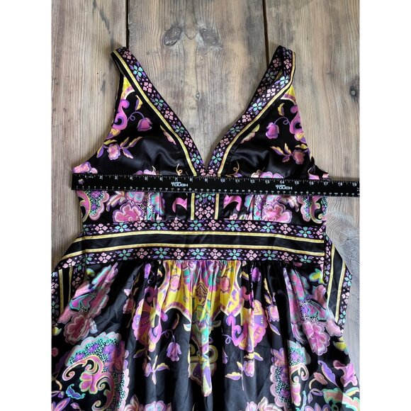 Y2K ICE Satin Sleeveless Fit and Flare Dress Womens 10 Black Floral Print V-Neck - Picture 5 of 6